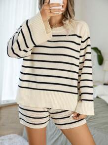 Calvaya Plus Striped Pattern Jumper & Knit Shorts - Black and White - View 7