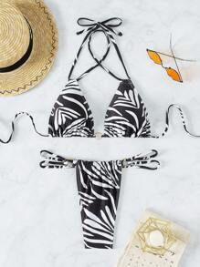 Bộ bikini tam giác có dây buộc vòng in Allover - màu đen - Xem 3