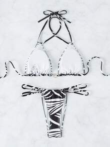 Bộ bikini tam giác có dây buộc vòng in Allover - màu đen - Xem 6