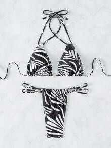 Bộ bikini tam giác có dây buộc vòng in Allover - màu đen - Xem 7