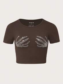 INAWLY 骷髅圖案短款T恤 - 咖啡棕 - 查看 1