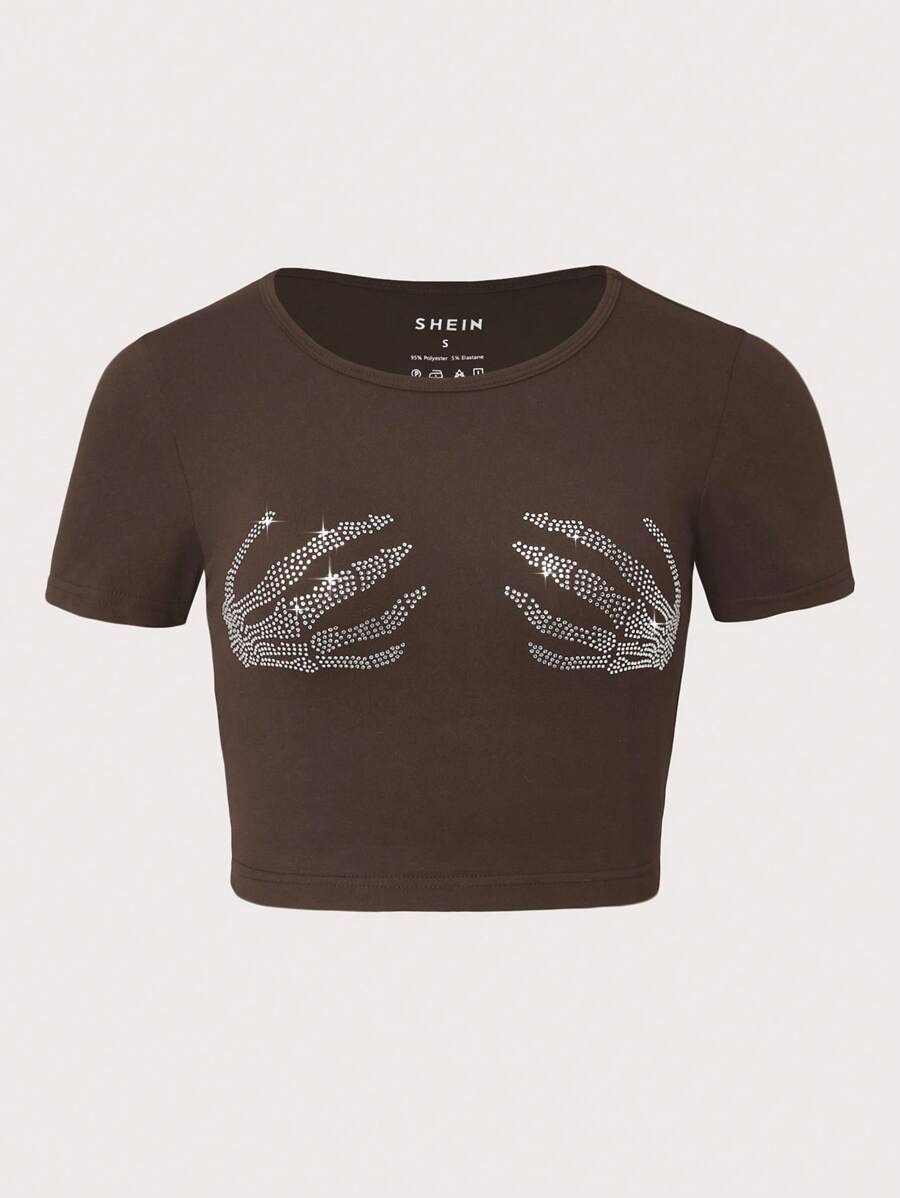 INAWLY 骷髅圖案短款T恤 - 咖啡棕 - 查看 1