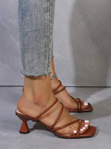女士简约系带露趾高跟凉鞋，舒适，2025 年夏季新品 - 棕色 - 查看 5