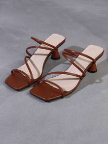 女士简约系带露趾高跟凉鞋，舒适，2025 年夏季新品 - 棕色 - 查看 6