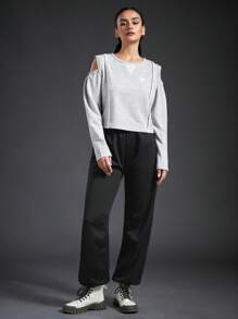 In My Nature Women's Outdoor Cold Shoulder Jogging Sweatshirt With Stitch, Stylish And Versatile - Light Grey - View 7