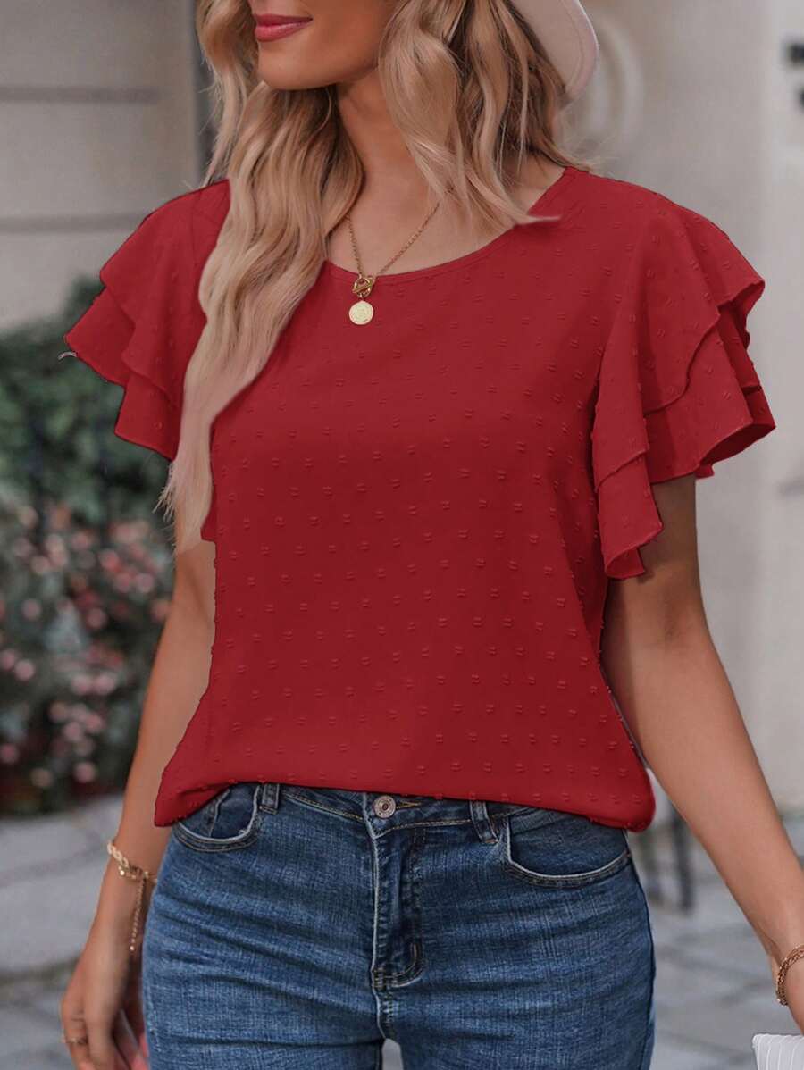 SHEIN LUNE 圓點蝴蝶袖襯衫 - 紅色 - 查看 1