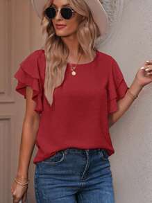 SHEIN LUNE 圓點蝴蝶袖襯衫 - 紅色 - 查看 3