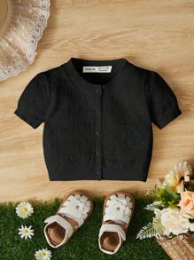 SHEIN Baby Girl Button Front Pointelle Knit Puff Sleeve Cardigan - Black - View 1