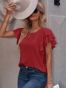 SHEIN LUNE 圓點蝴蝶袖襯衫 - 紅色 - 查看 5