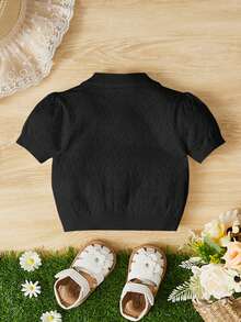 SHEIN Baby Girl Button Front Pointelle Knit Puff Sleeve Cardigan - Black - View 2