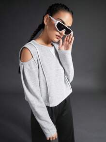 In My Nature Women's Outdoor Cold Shoulder Jogging Sweatshirt With Stitch, Stylish And Versatile - Light Grey - View 8