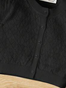 SHEIN Baby Girl Button Front Pointelle Knit Puff Sleeve Cardigan - Black - View 4