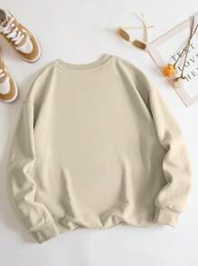 SHEIN EZwear 万圣节字母图案保暖内衬套头卫衣，秋季卫衣 - 米色 - 查看 2