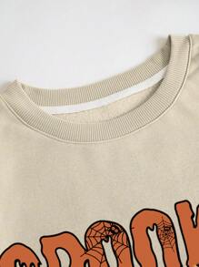 SHEIN EZwear 万圣节字母图案保暖内衬套头卫衣，秋季卫衣 - 米色 - 查看 3