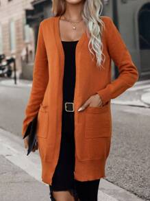 SHEIN Essnce Áo len cardigan thiết kế giản dị hai túi - trái cam - Xem 3