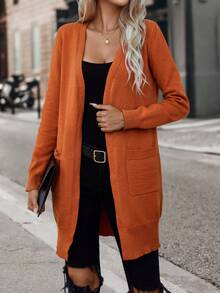 SHEIN Essnce Áo len cardigan thiết kế giản dị hai túi - trái cam - Xem 4