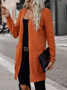 SHEIN Essnce Áo len cardigan thiết kế giản dị hai túi - trái cam - Xem 5