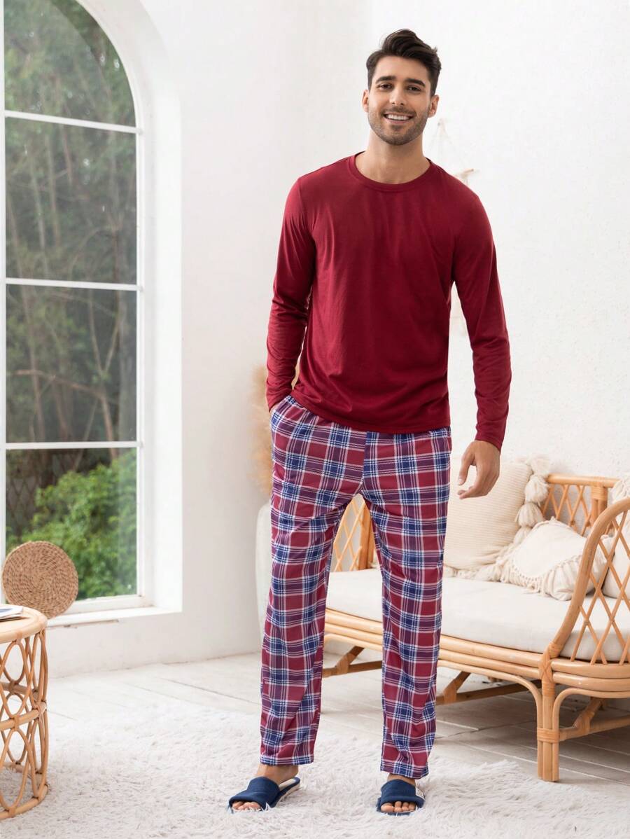 Men Solid Tee & Plaid Pants PJ Set / Pajama Set, Fall Clothes - Multicolor - View 1