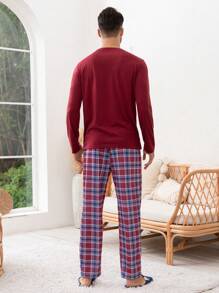 Men Solid Tee & Plaid Pants PJ Set / Pajama Set, Fall Clothes - Multicolor - View 2
