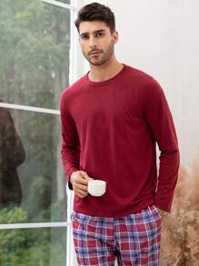 Men Solid Tee & Plaid Pants PJ Set / Pajama Set, Fall Clothes - Multicolor - View 3