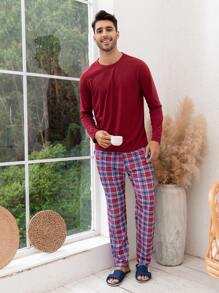 Men Solid Tee & Plaid Pants PJ Set / Pajama Set, Fall Clothes - Multicolor - View 5