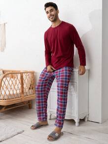 Men Solid Tee & Plaid Pants PJ Set / Pajama Set, Fall Clothes - Multicolor - View 6