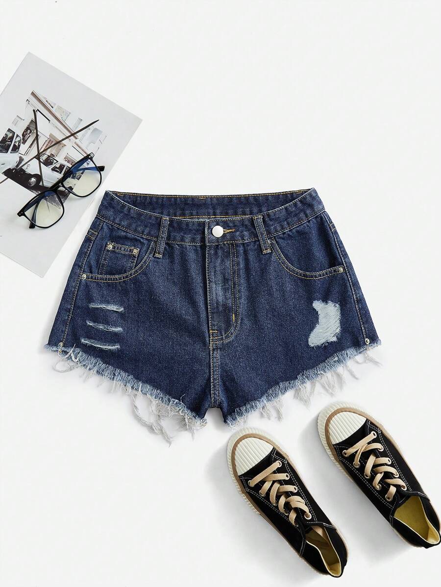 Quần short denim với các đường viền thô rách - Rửa tối - Xem 1