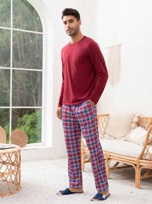 Men Solid Tee & Plaid Pants PJ Set / Pajama Set, Fall Clothes - Multicolor - View 7