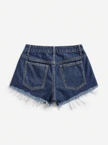 Quần short denim với các đường viền thô rách - Rửa tối - Xem 2