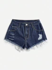 Quần short denim với các đường viền thô rách - Rửa tối - Xem 3