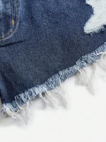 Quần short denim với các đường viền thô rách - Rửa tối - Xem 5