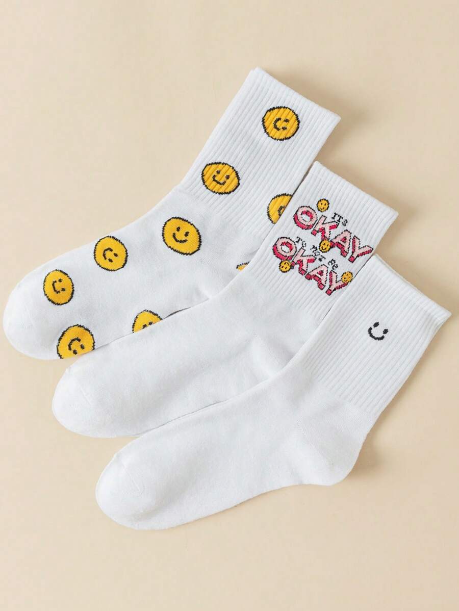 JORD.DESIGNS Artist Girlcore 3pairs Fashionable Mid-Calf Socks With Letter Pattern, Holiday - White - View 1