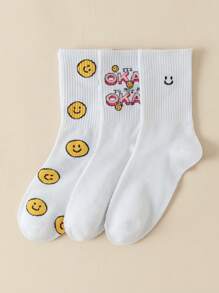JORD.DESIGNS Artist Girlcore 3pairs Fashionable Mid-Calf Socks With Letter Pattern, Holiday - White - View 3