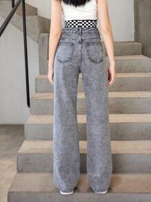 SHEIN Teen Girls Slant Pocket Straight Leg Jeans - Grey - View 2