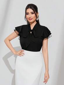 Modelyn Tie Neck Contrast Mesh Flounce Sleeve Summer Blouse - Black - View 4