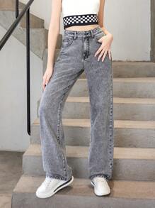 SHEIN Teen Girls Slant Pocket Straight Leg Jeans - Grey - View 3