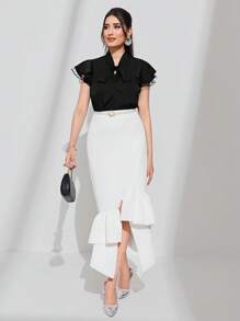 Modelyn Tie Neck Contrast Mesh Flounce Sleeve Summer Blouse - Black - View 5