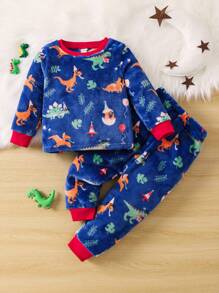 男小童恐龍印花拼接邊絨布睡衣套裝適用於聖誕 - 藍色 - 查看 1