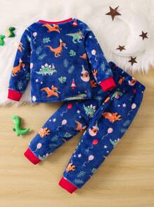 男小童恐龍印花拼接邊絨布睡衣套裝適用於聖誕 - 藍色 - 查看 2