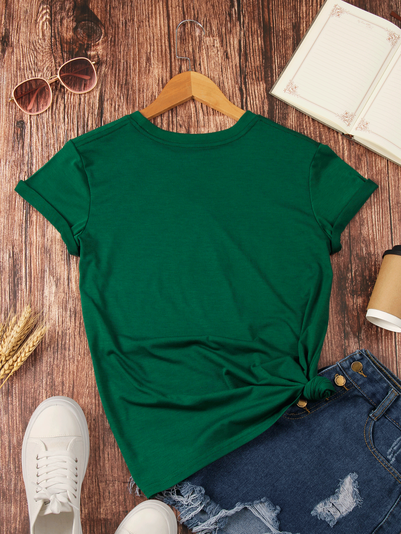 INAWLY 图案印花 T 恤 图案 T 恤 女式上衣 - 綠色 - 查看 2