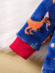 男小童恐龍印花拼接邊絨布睡衣套裝適用於聖誕 - 藍色 - 查看 4