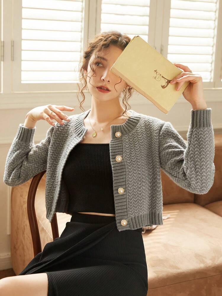 Knit Mix 無地柄 ボタンフロント カーディガン | SHEIN JAPAN
