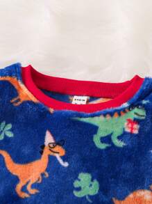 男小童恐龍印花拼接邊絨布睡衣套裝適用於聖誕 - 藍色 - 查看 6