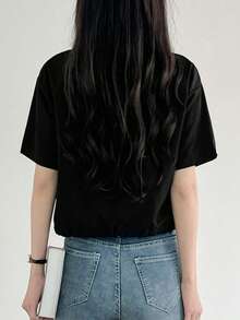 Camisa unicolor con bolsillo con solapa bajo con cordón - Negro - Ver 2