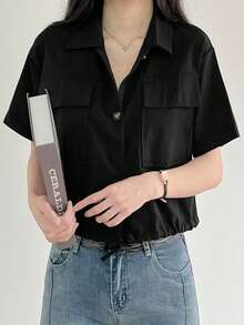 Camisa unicolor con bolsillo con solapa bajo con cordón - Negro - Ver 3