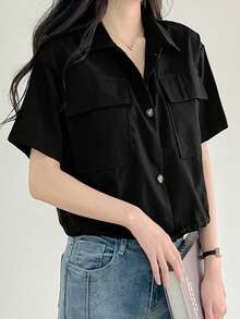 Camisa unicolor con bolsillo con solapa bajo con cordón - Negro - Ver 4