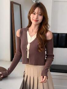 DAZY 撞色前紐扣二合一開襟衫 - 棕色 - 查看 1