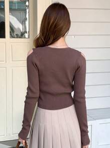 DAZY 撞色前紐扣二合一開襟衫 - 棕色 - 查看 2