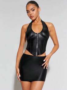 SHEIN BAE Zip Up PU Leather Halter Top & Bodycon Skirt - Black - View 3