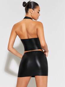 SHEIN BAE Zip Up PU Leather Halter Top & Bodycon Skirt - Black - View 2